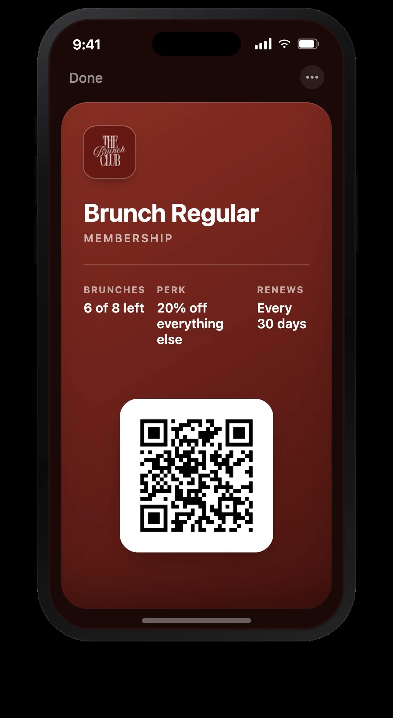 The Brunch Club Brunch Regular membership pass in Apple Wallet — 8 brunches a month, 20% off everything else