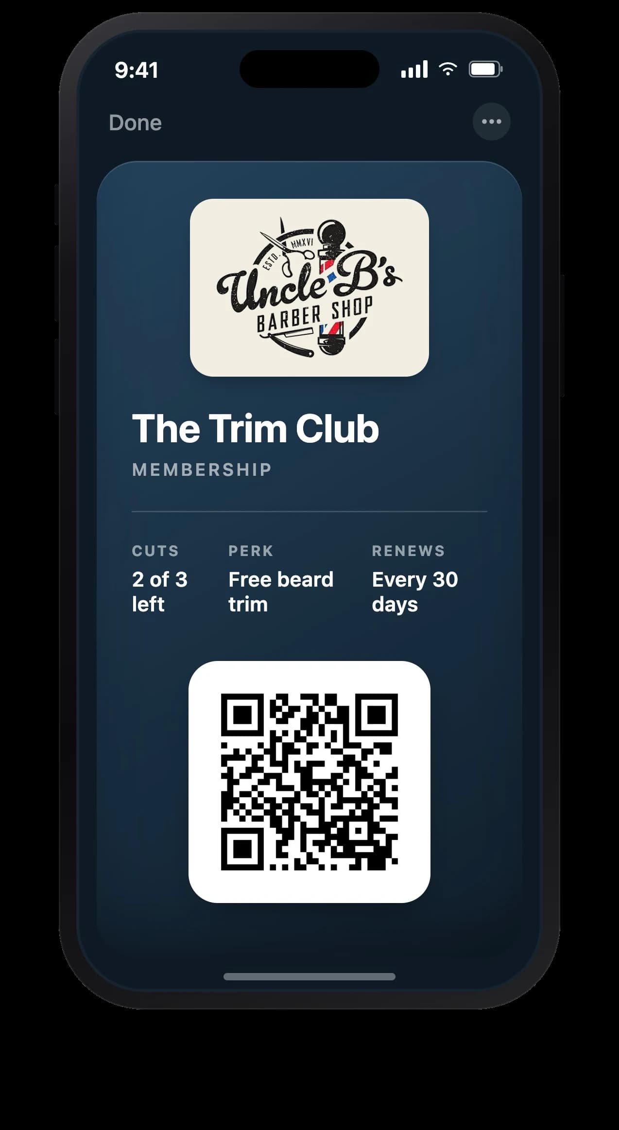 Uncle B's Barber Shop The Trim Club membership pass in Apple Wallet — 3 cuts a month, Free beard trim