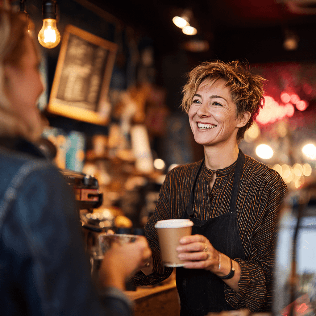 An independent café owner reviewing the books