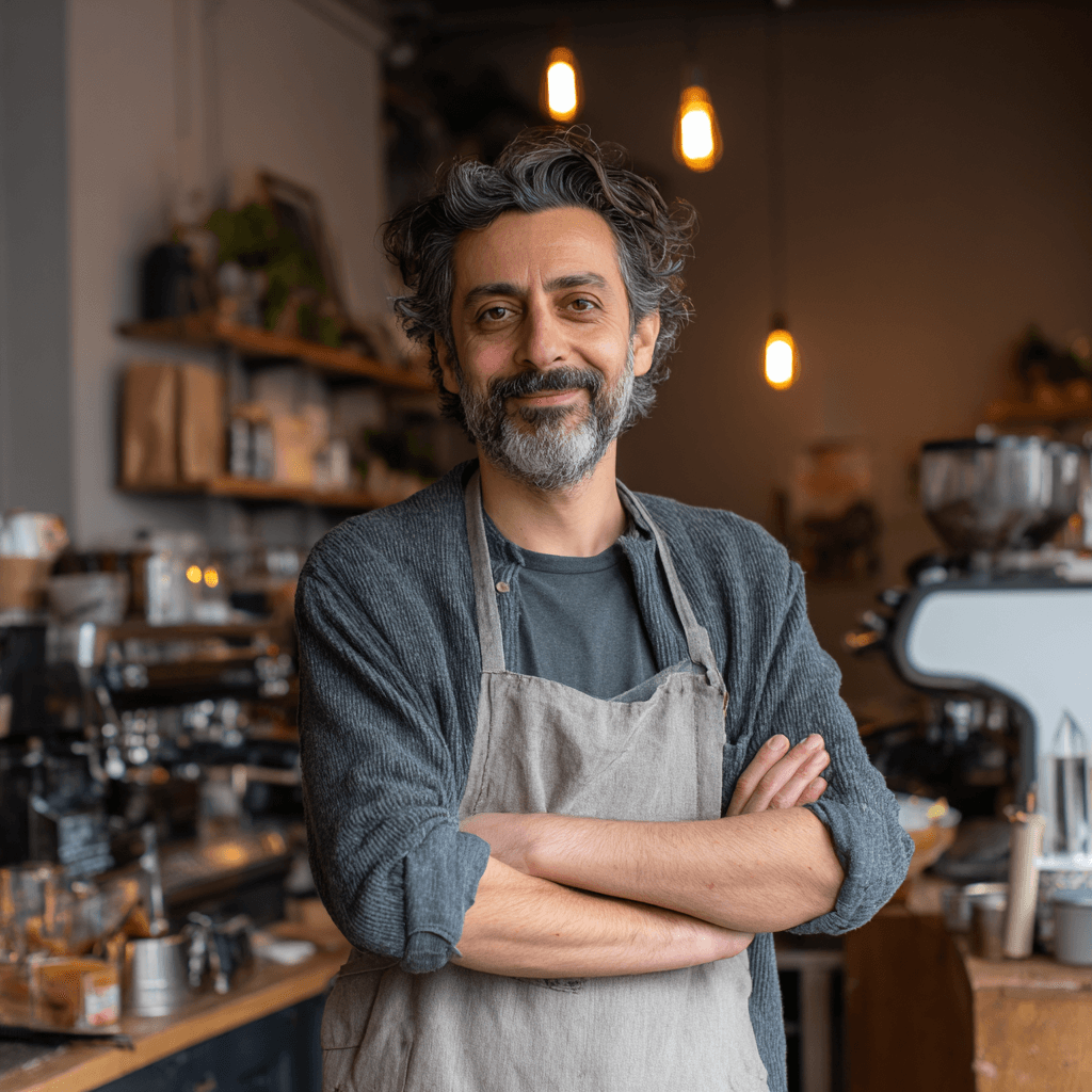 Coffee shop owner behind the counter