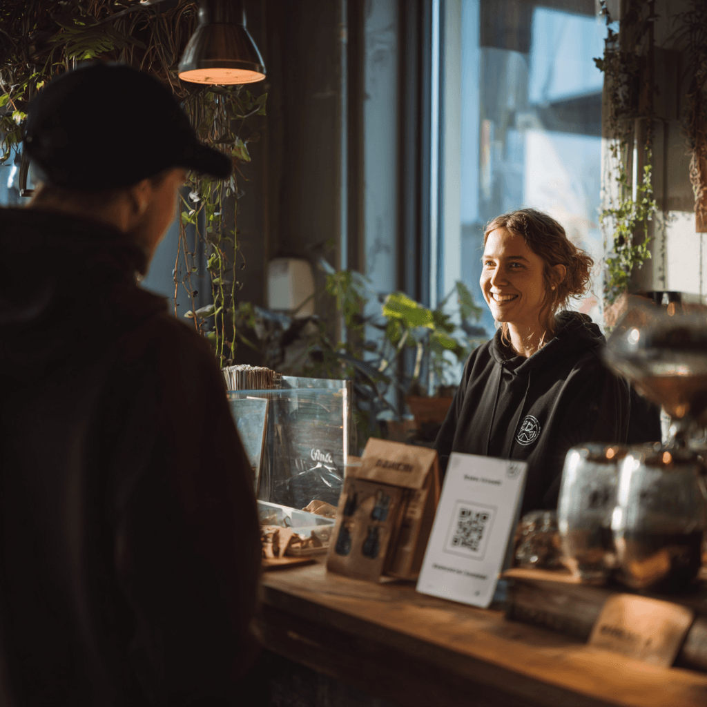 Independent coffee shop counter with a QR code for joining a membership