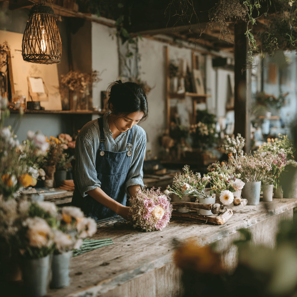 Independent florist arranging fresh stems