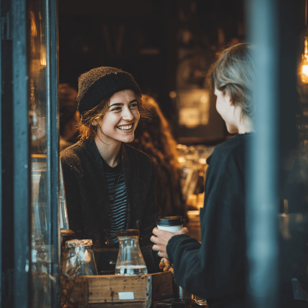 A welcoming independent coffee shop window that passers-by stop to look at