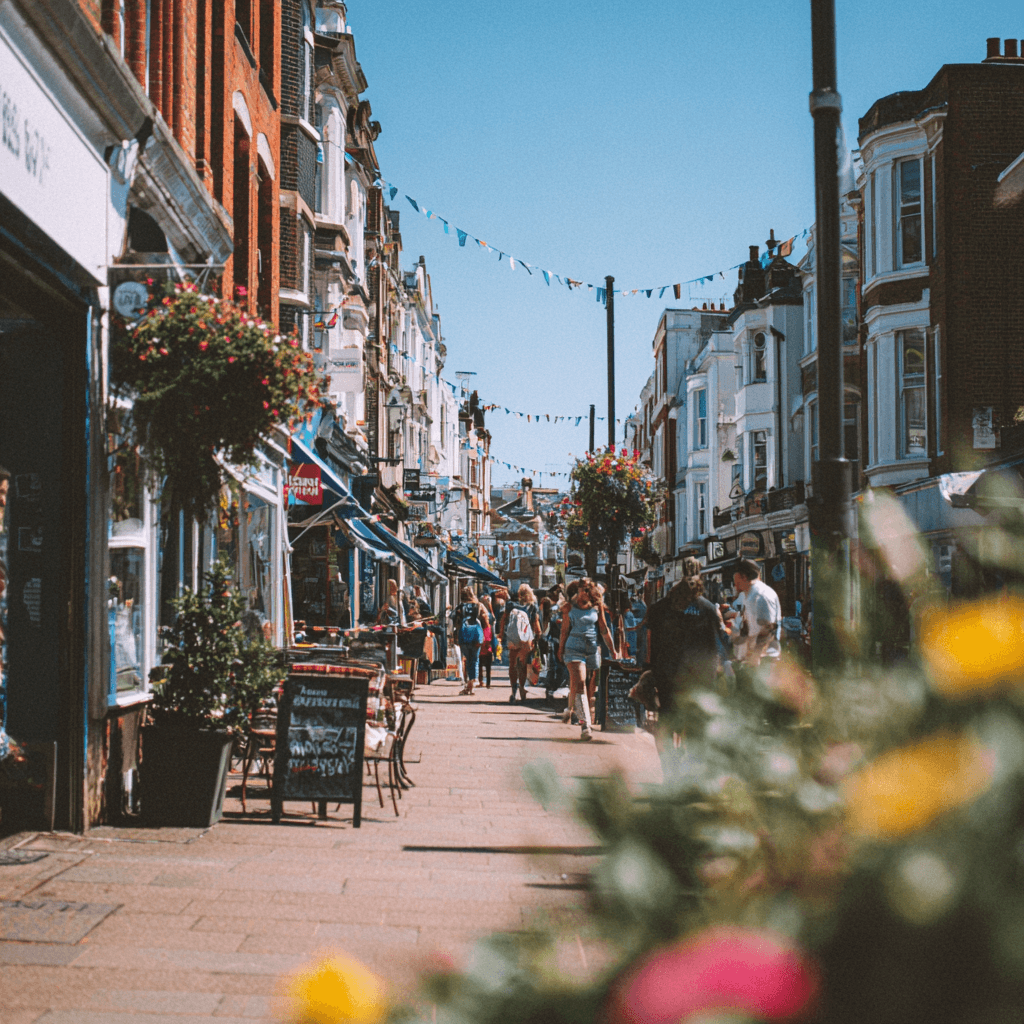 A British high street lined with independent shops