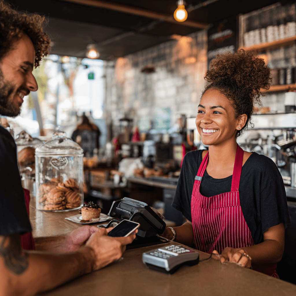 Smiling barista at an independent coffee shop